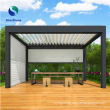 Modern House Patio Pavilion Electric Automatic roof Aluminum Pergola with curtains Waterproof Garden Yard Pool Customized sizes